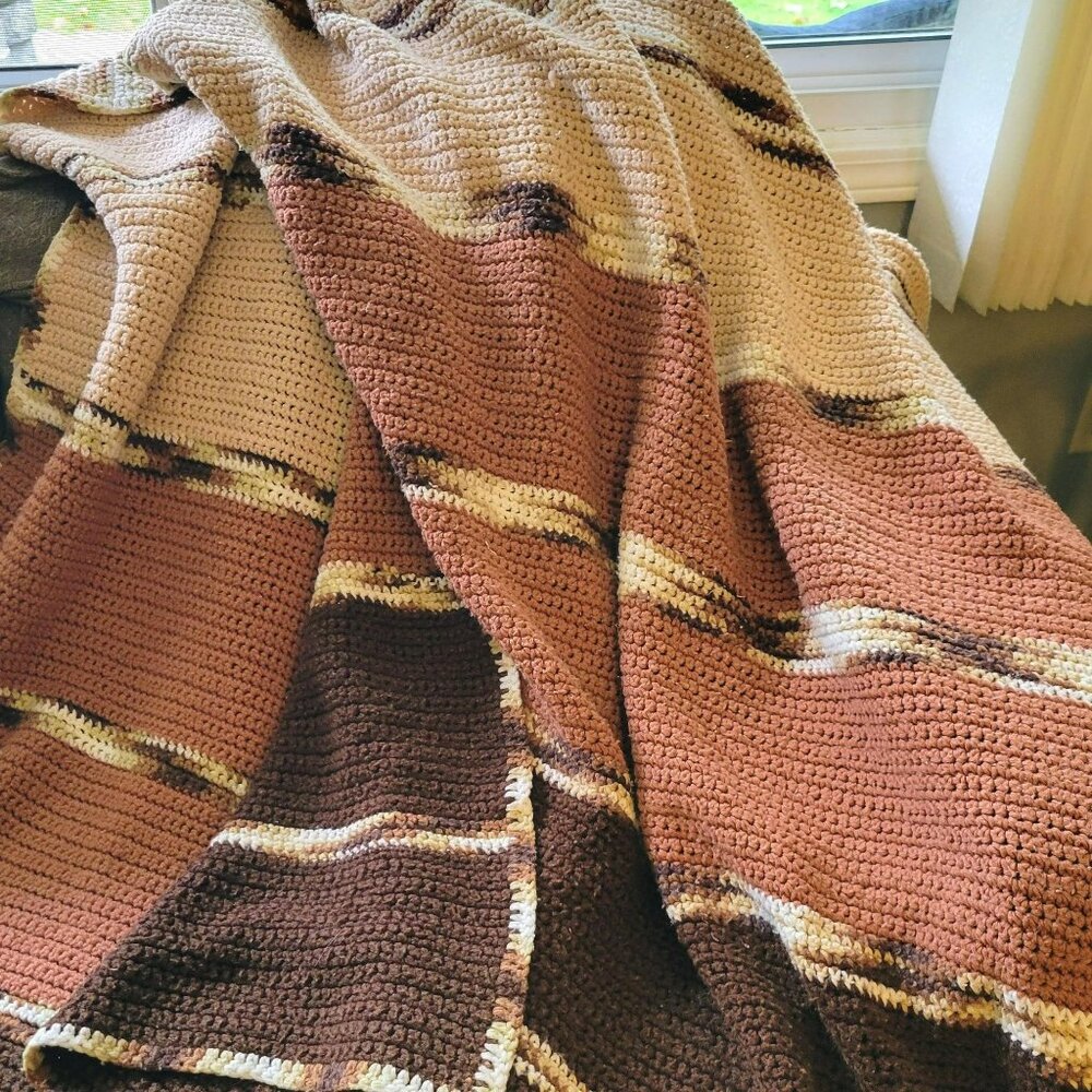 Vintage Crochet LONG Afghan Blanket, Pink, Brown & Cream Stripes Couch Throw